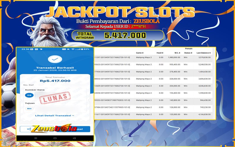 Bukti Kemenangan Member Setia Kami Z***R*H Sebesar Rp 5.417.000 di Permainan mahjong ways