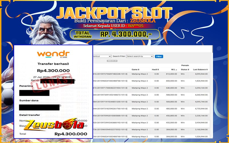 Bukti Kemenangan Member Setia Kami WA***O5 Sebesar Rp 4.300.000 di Permainan Mahjong Ways 2