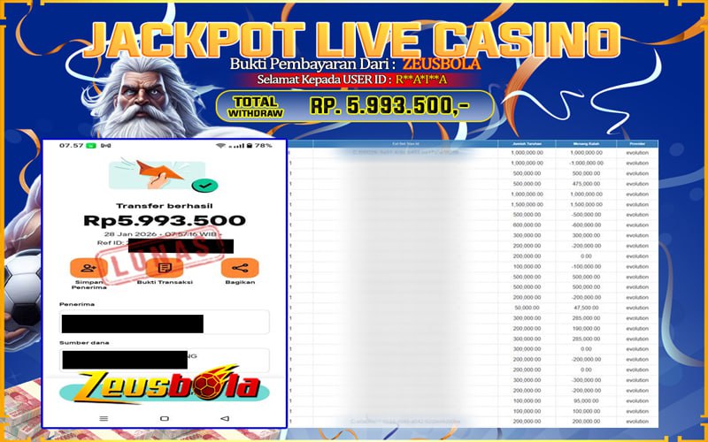 Bukti Kemenangan Member Setia Kami R**A*I**A Sebesar Rp 5.993.500 di Permainan LIVE CASINO