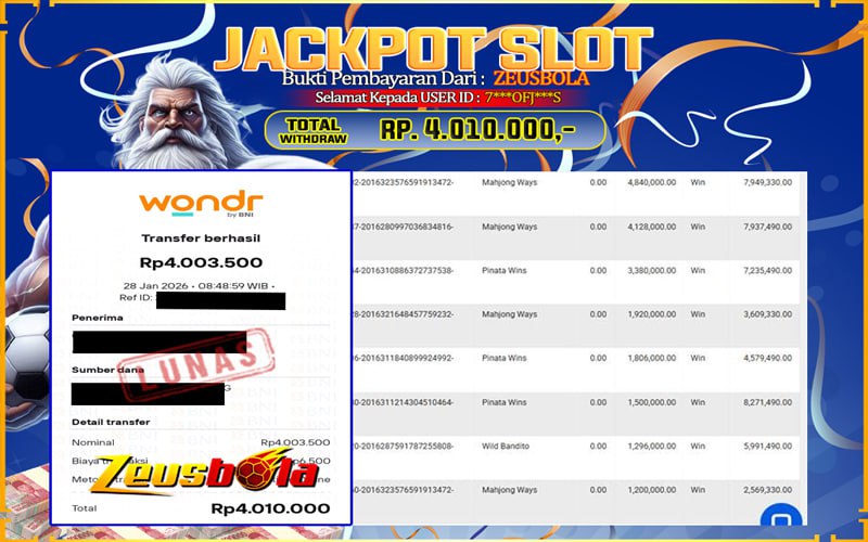 Bukti Kemenangan Member Setia Kami 7***OFJ***S Sebesar Rp 4.010.000 di Permainan Mahjong Ways