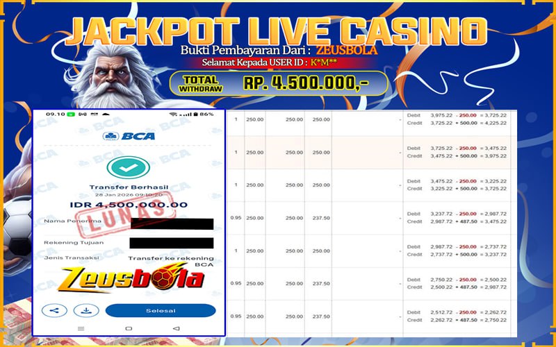 Bukti Kemenangan Member Setia Kami K*M** Sebesar Rp 4.500.000 di Permainan LIVE CASINO