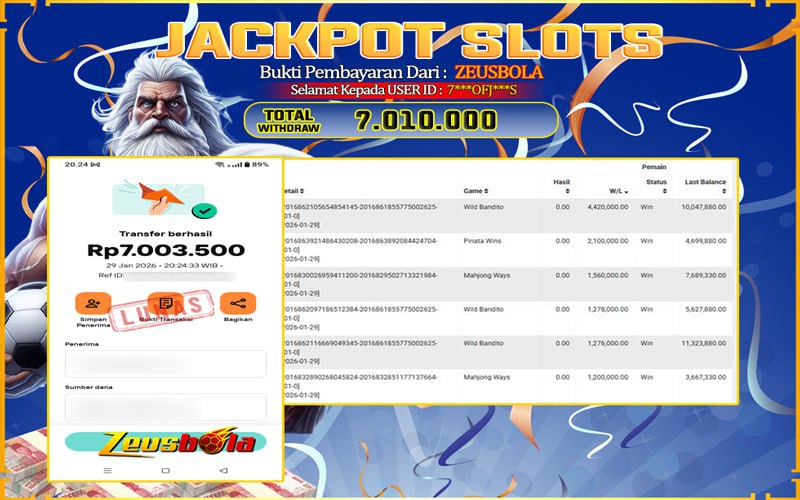 Bukti Kemenangan Member Setia Kami 7***OFJ***S Sebesar Rp 7.010.000 di Permainan wild barito
