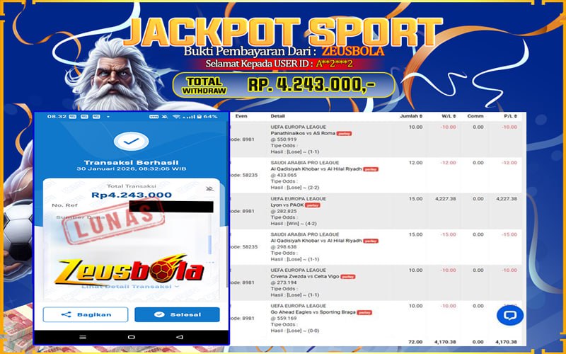 Bukti Kemenangan Member Setia Kami A**2***2 Sebesar Rp 4.243.000 di Permainan UBO SPORT