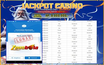 Bukti Kemenangan Member Setia Kami ZB***AD Sebesar Rp 9.000.000 di Permainan LIVE CASINO