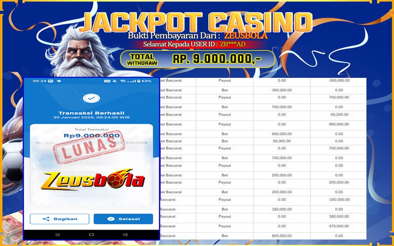 Bukti Kemenangan Member Setia Kami ZB***AD Sebesar Rp 9.000.000 di Permainan LIVE CASINO