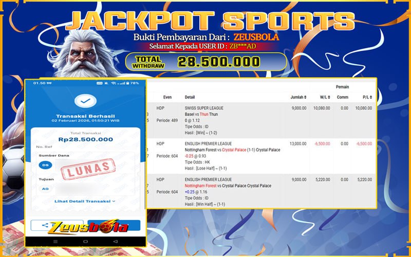 Bukti Kemenangan Member Setia Kami ZB***AD Sebesar Rp 28.500.000 di Permainan UBO sports