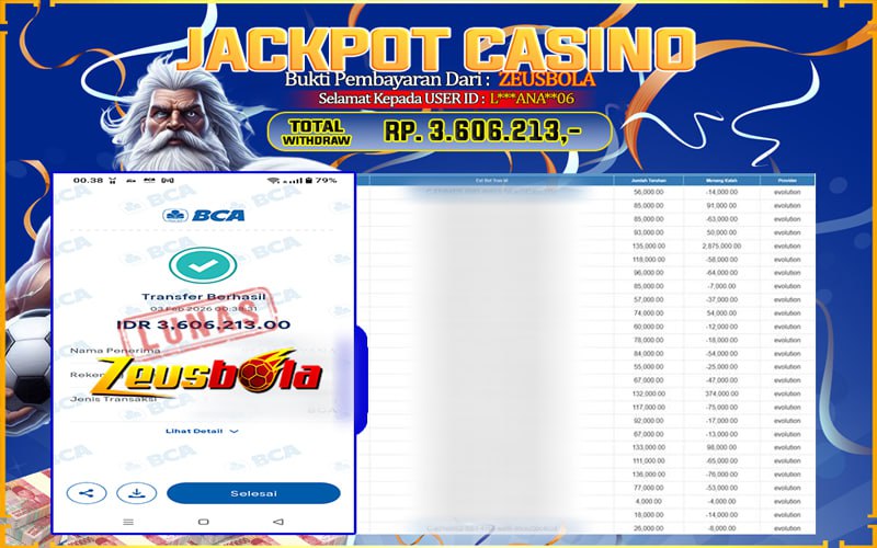 Bukti Kemenangan Member Setia Kami L***ANA**06 Sebesar Rp 3.606.213 di Permainan CASINO