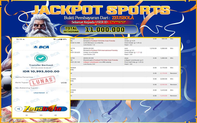 Bukti Kemenangan Member Setia Kami C*Y**N*O* Sebesar Rp 11.000.000 di Permainan SBO Sports
