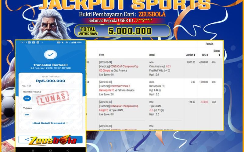 Bukti Kemenangan Member Setia Kami Z**S***I* Sebesar Rp 5.000.000 di Permainan SBO sports