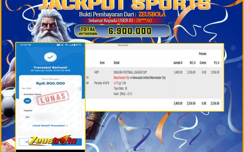 Bukti Kemenangan Member Setia Kami ZB***AD Sebesar Rp 6.900.000 di Permainan UBO sports