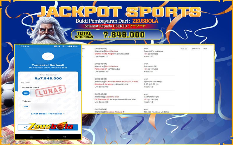 Bukti Kemenangan Member Setia Kami Z**S***I* Sebesar Rp 7.848.000 di Permainan SBO sports