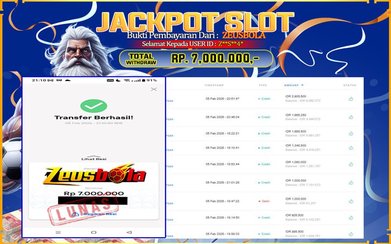 Bukti Kemenangan Member Setia Kami Z**S**4* Sebesar Rp 7.000.000 di Permainan Gates Of Olympus 1000