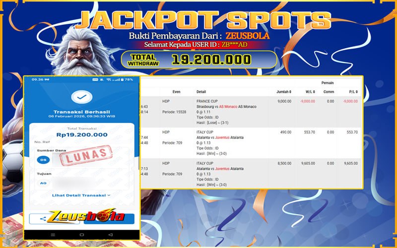 Bukti Kemenangan Member Setia Kami ZB***AD Sebesar Rp 19.200.000 di Permainan UBO sports