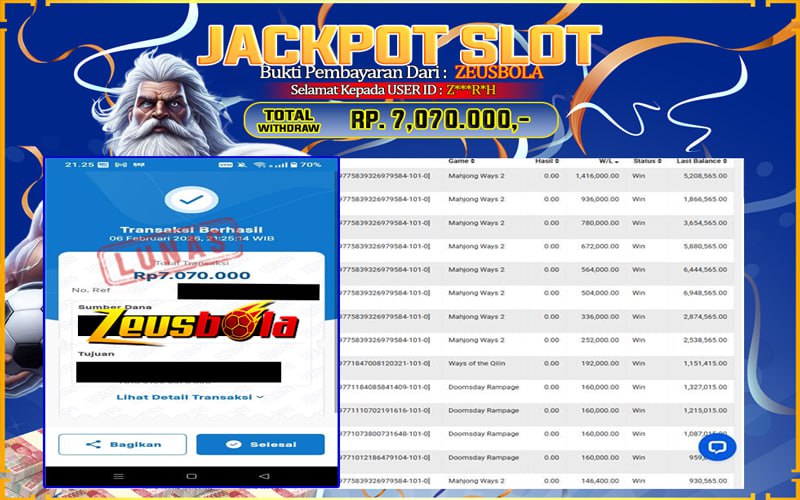 Bukti Kemenangan Member Setia Kami Z***R*H Sebesar Rp 7.070.000 di Permainan Mahjong Ways 2