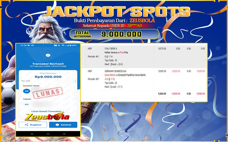Bukti Kemenangan Member Setia Kami ZB***AD Sebesar Rp 9.000.000 di Permainan UBO sports