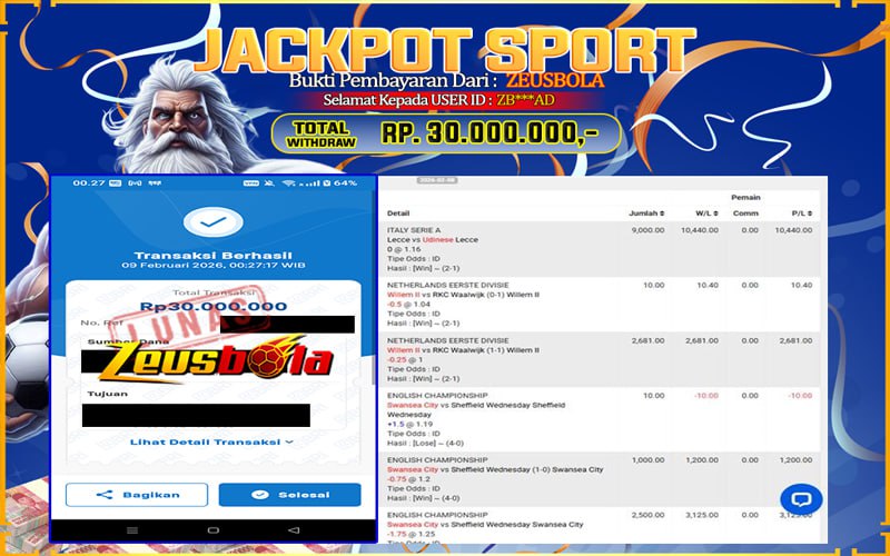 Bukti Kemenangan Member Setia Kami ZB***AD Sebesar Rp 30.000.000 di Permainan UBO SPORT