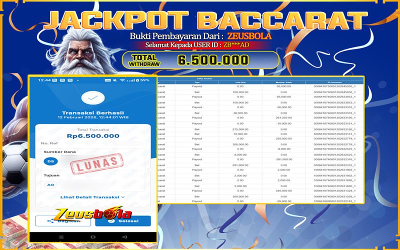 Bukti Kemenangan Member Setia Kami ZB***AD Sebesar Rp 6.500.000 di Permainan Baccarat