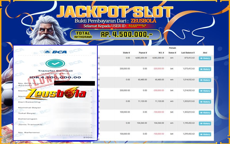 Bukti Kemenangan Member Setia Kami MAR***N* Sebesar Rp 4.500.000 di Permainan Sweet Bonanza 1000