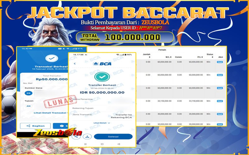 Bukti Kemenangan Member Setia Kami A***A**A9*7 Sebesar Rp 100.000.000 di Permainan bacccarat
