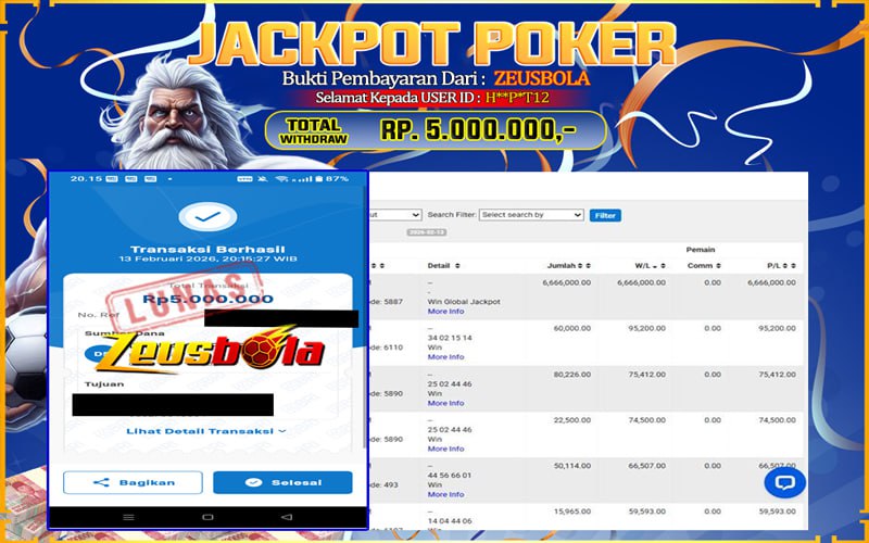 Bukti Kemenangan Member Setia Kami H**P*T12 Sebesar Rp 5.000.000 di Permainan POKER