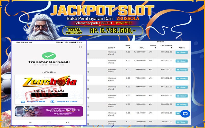 Bukti Kemenangan Member Setia Kami U**NK**09 Sebesar Rp 5.793.500 di Permainan Mahjong Ways 2
