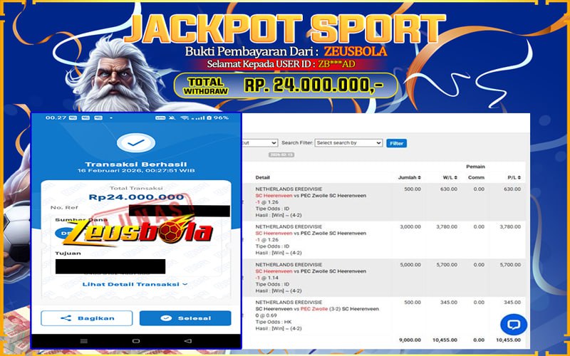 Bukti Kemenangan Member Setia Kami ZB***AD Sebesar Rp 24.000.000 di Permainan UBO Sports