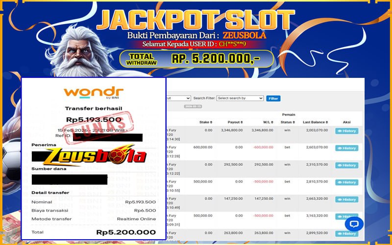 Bukti Kemenangan Member Setia Kami CH**S**9 Sebesar Rp 5.200.000 di Permainan Kadita Ocean Fury
