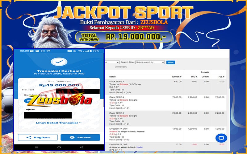 Bukti Kemenangan Member Setia Kami ZB***AD Sebesar Rp 19.000.000 di Permainan UBO Sports