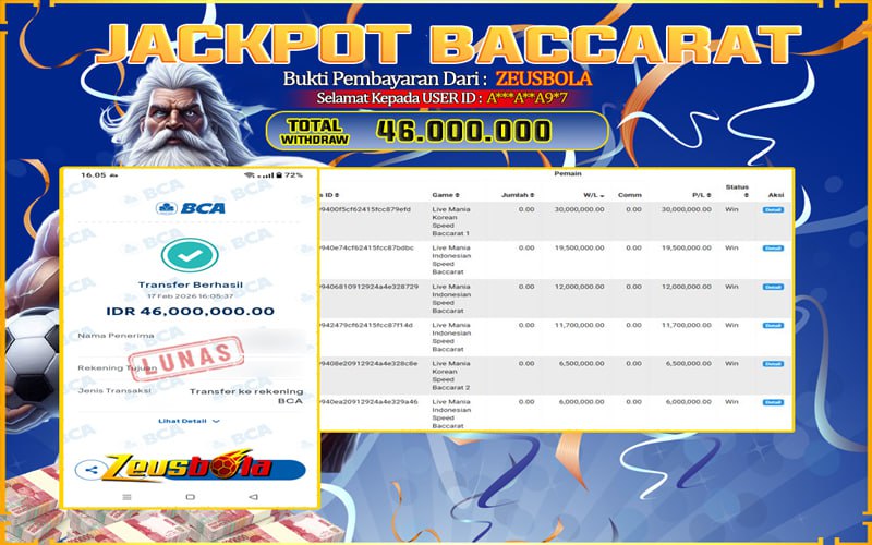 Bukti Kemenangan Member Setia Kami A***A**A9*7 Sebesar Rp 46.000.000 di Permainan baccarat