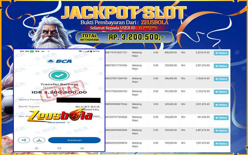 Bukti Kemenangan Member Setia Kami YU***Z**S Sebesar Rp 3.200.500 di Permainan Mahjong Ways