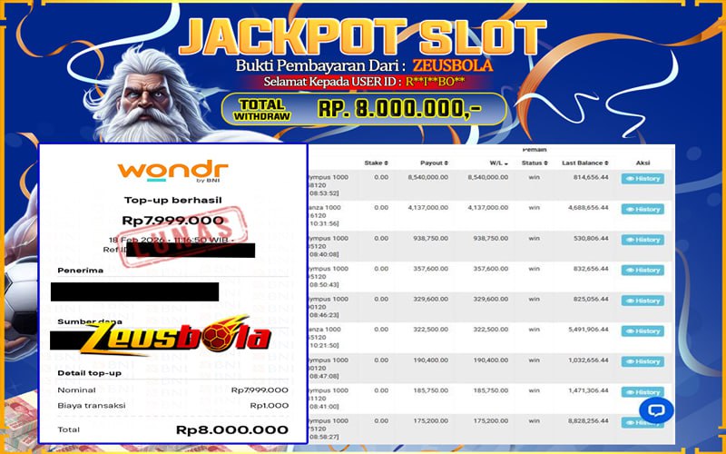 Bukti Kemenangan Member Setia Kami R**I**BO** Sebesar Rp 8.000.000 di Permainan Gates of Olympus 1000