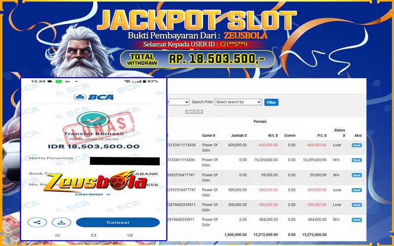 Bukti Kemenangan Member Setia Kami CH**S**9 Sebesar Rp 18.503.500 di Permainan Power Of Odin