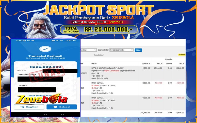 Bukti Kemenangan Member Setia Kami ZB***AD Sebesar Rp 25.000.000 di Permainan UBO Sports