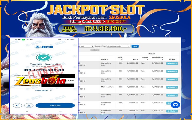 Bukti Kemenangan Member Setia Kami B**O*G12*** Sebesar Rp 4.993.500 di Permainan Ways of the Qilin
