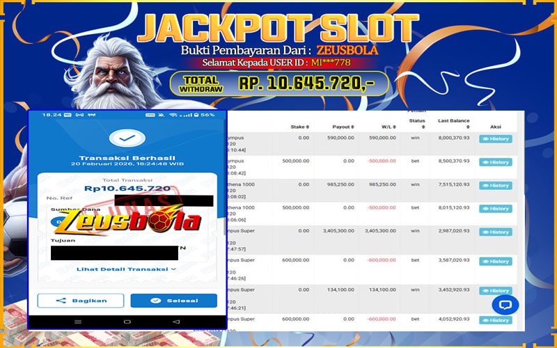 Bukti Kemenangan Member Setia Kami MI***778 Sebesar Rp 10.645.720 di Permainan Fortune of Olympus