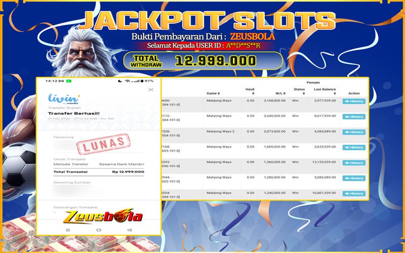 Bukti Kemenangan Member Setia Kami A**D**S**R Sebesar Rp 12.999.000 di Permainan mahjong ways