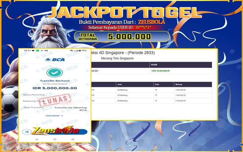 Bukti Kemenangan Member Setia Kami W**L*1* Sebesar Rp 5.000.000 di Permainan Toto Singapore