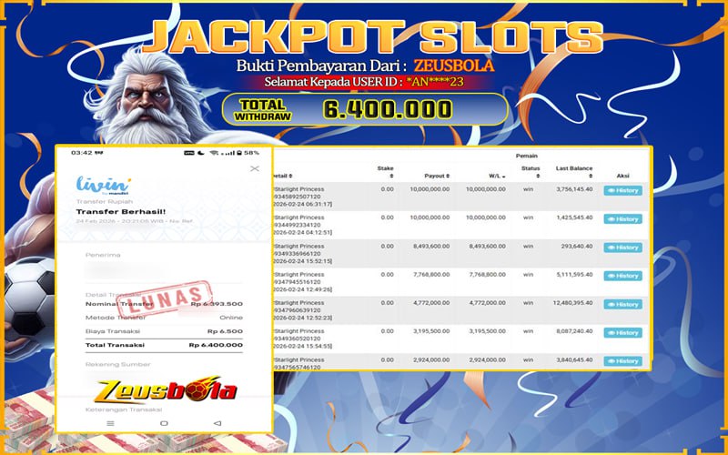 Bukti Kemenangan Member Setia Kami *AN****23 Sebesar Rp 6.400.000 di Permainan starlight princess