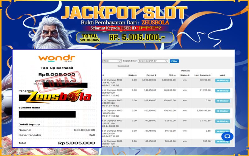 Bukti Kemenangan Member Setia Kami H**P*T1**2 Sebesar Rp 5.005.000 di Permainan Gates of Olympus 1000