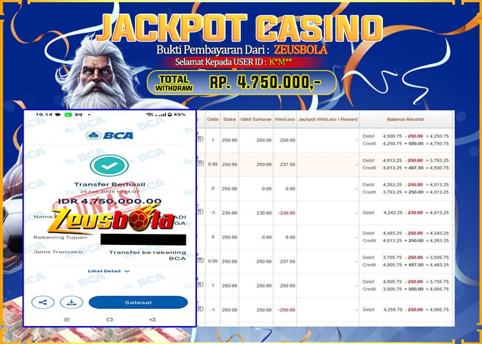 Bukti Kemenangan Member Setia Kami K*M** Sebesar Rp 4.750.000 di Permainan CASINO