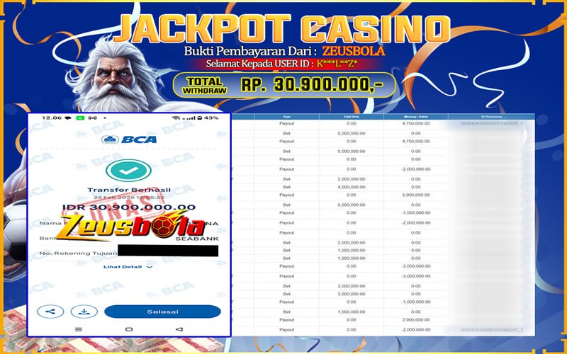 Bukti Kemenangan Member Setia Kami K***L**Z* Sebesar Rp 30.900.000 di Permainan Live Casino & Slots