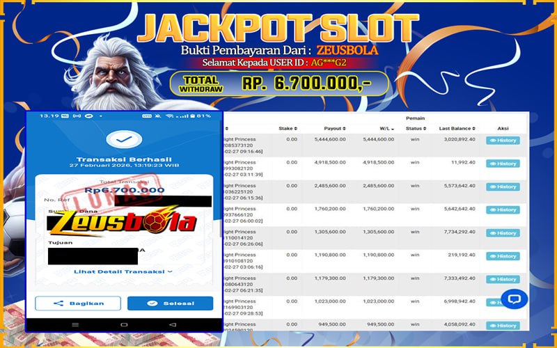 Bukti Kemenangan Member Setia Kami AG***G2 Sebesar Rp 6.700.000 di Permainan Starlight Princess 1000