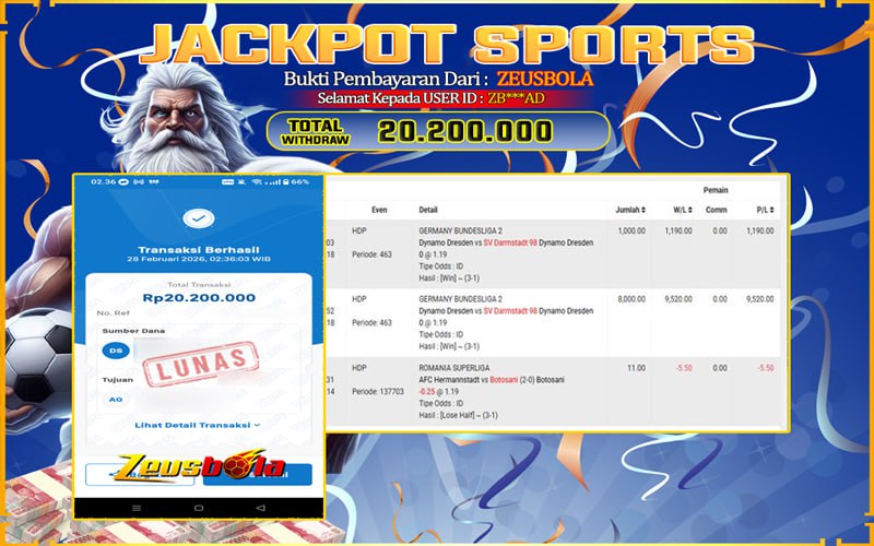 Bukti Kemenangan Member Setia Kami ZB***AD Sebesar Rp 20.200.000 di Permainan UBO sports