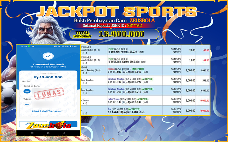 Bukti Kemenangan Member Setia Kami ZB***AD Sebesar Rp 16.400.000 di Permainan UBO sports