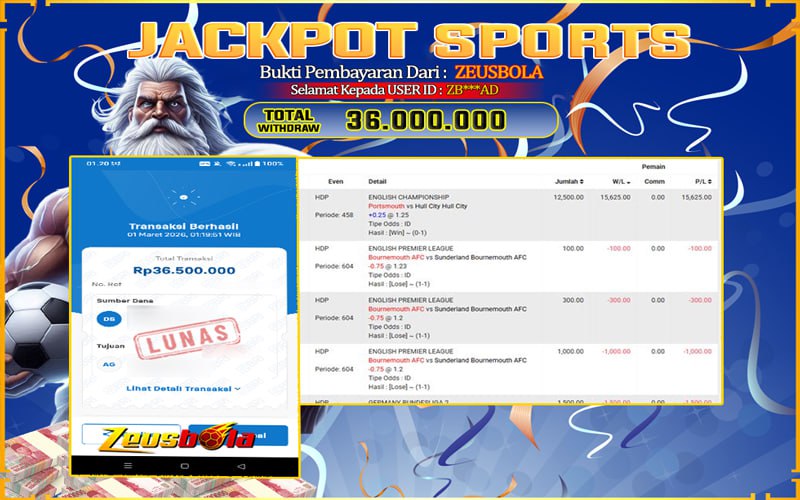 Bukti Kemenangan Member Setia Kami ZB***AD Sebesar Rp 36.500.000 di Permainan UBO Sports