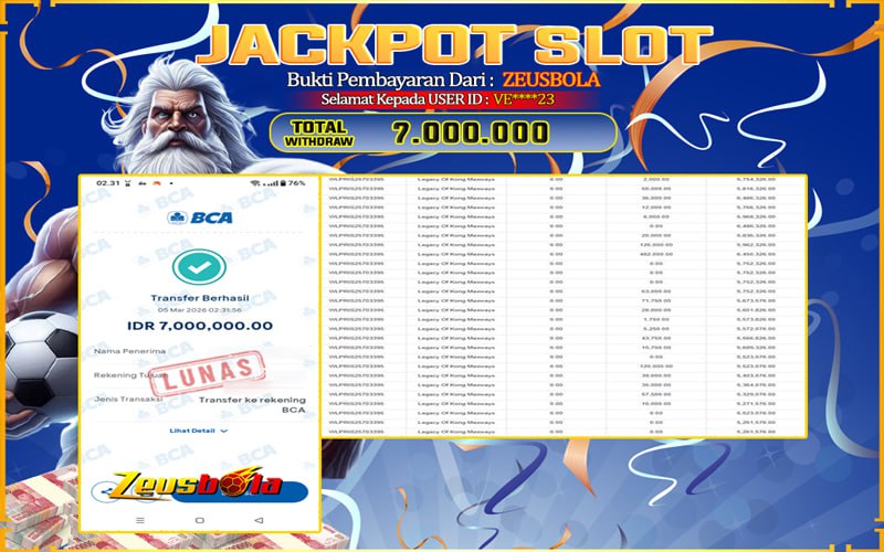 Bukti Kemenangan Member Setia Kami VE****23 Sebesar Rp 7.000.000 di Permainan Live Casino & Slots
