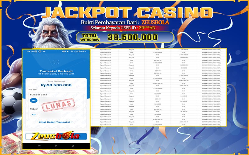 Bukti Kemenangan Member Setia Kami ZB***AD Sebesar Rp 38.500.000 di Permainan Live Casino & Slots