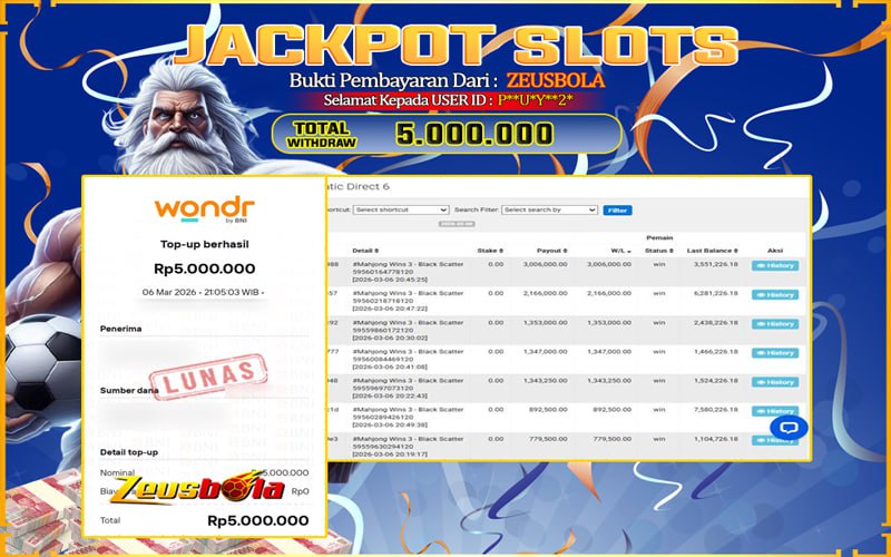 Bukti Kemenangan Member Setia Kami P**U*Y**2* Sebesar Rp 5.000.000 di Permainan mahjong wins 3 black scatter