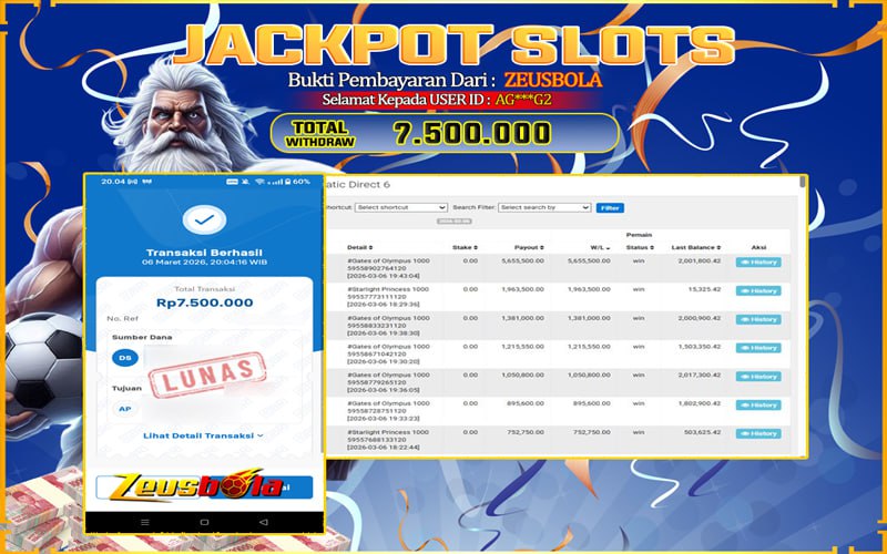 Bukti Kemenangan Member Setia Kami AG***G2 Sebesar Rp 7.500.000 di Permainan Gates Of Olympus 1000