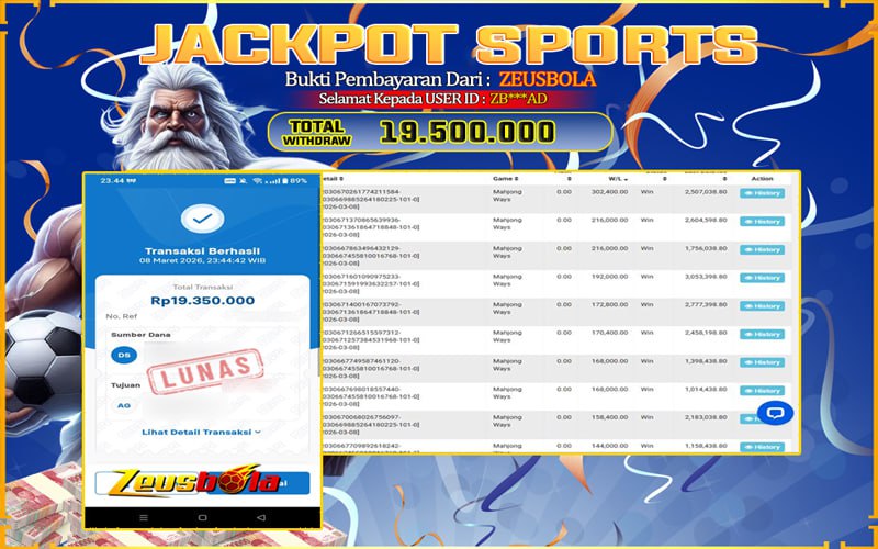 Bukti Kemenangan Member Setia Kami ZB***AD Sebesar Rp 19.350 di Permainan UBO Sports